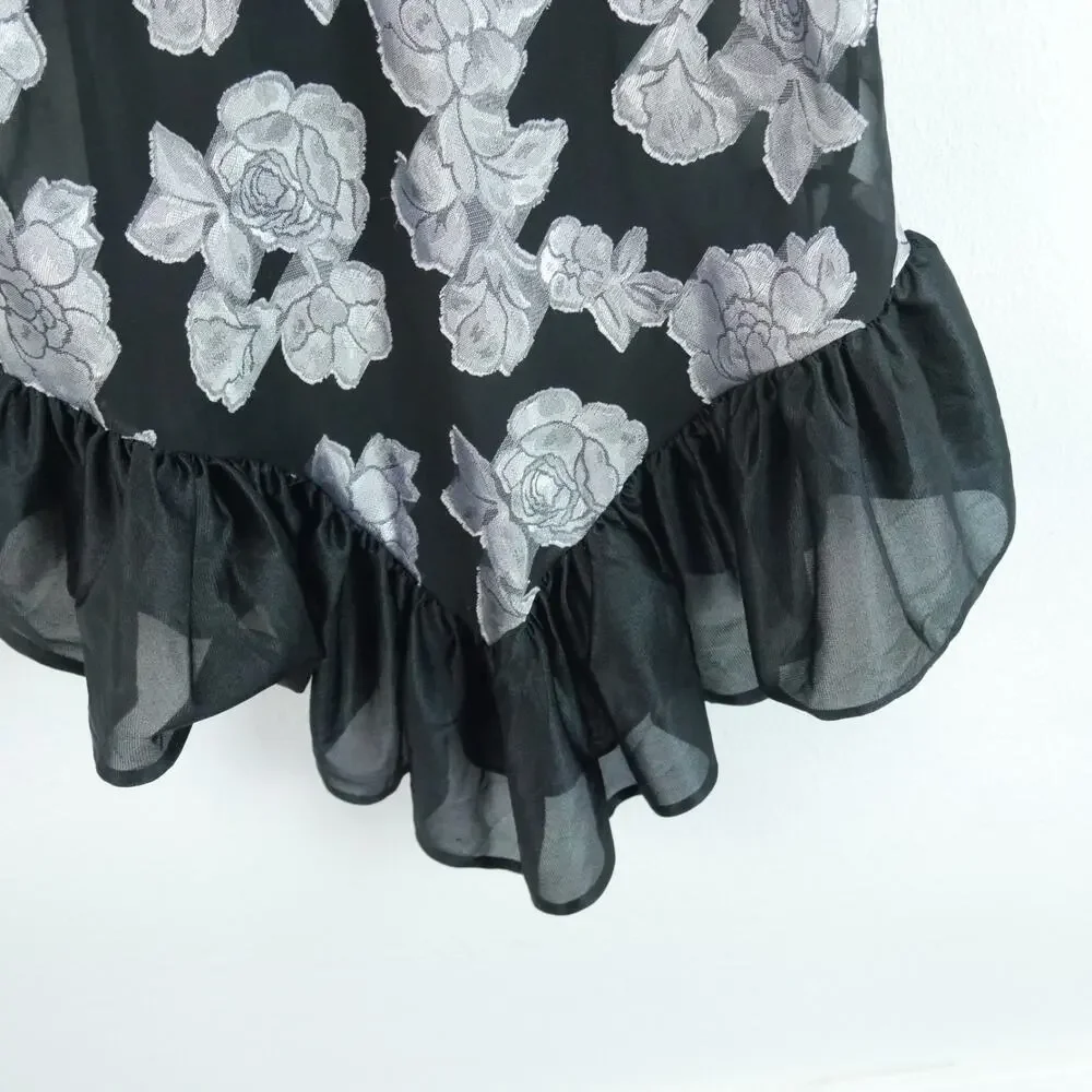 Vintage Medium Slip Top Sheer Floral Ruffle Dainty Coquette Black 90s Grunge - Picture 4 of 6